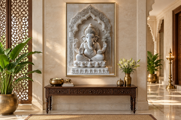 Framed canvas wall art of a white marble-style Lord Ganesh sculpture in a neutral-toned room.