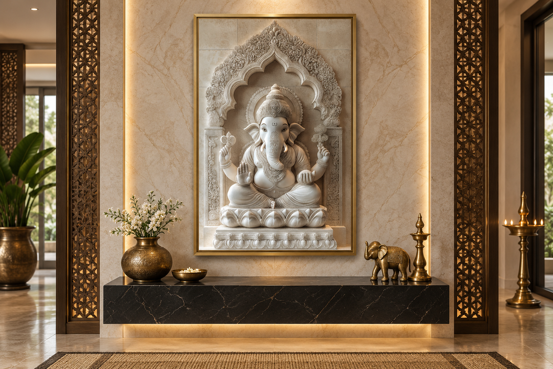 Framed canvas wall art of a white Lord Ganesh sculpture in a neutral-toned, elegant interior.