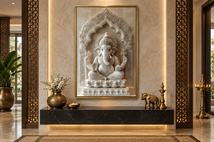 Framed canvas wall art of a white Lord Ganesh sculpture in a neutral-toned, elegant interior.