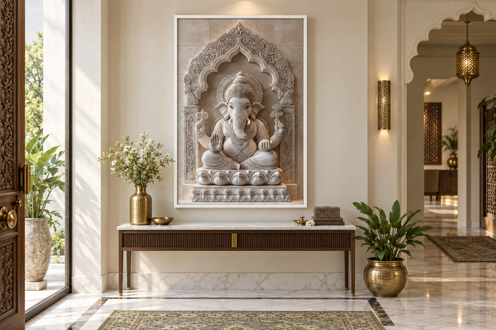 Framed vertical canvas wall art of a white Lord Ganesh sculpture in a neutral-toned room.