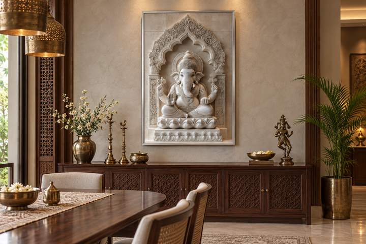 Framed canvas wall art of a white Lord Ganesh sculpture in a neutral-toned, elegant room setting.