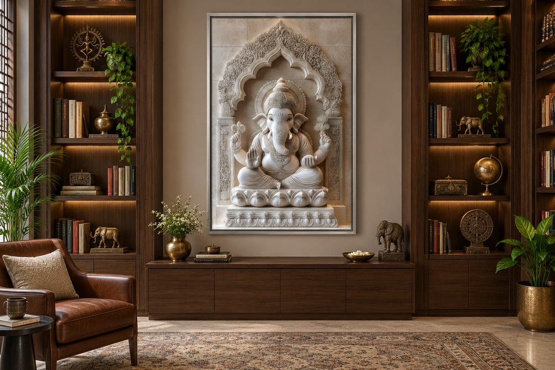 Framed canvas wall art of a white Lord Ganesh sculpture in a neutral-toned, modern living room.