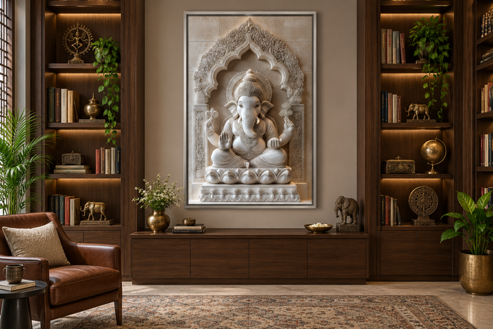 Framed canvas wall art of a white Lord Ganesh sculpture in a neutral-toned, modern living room.