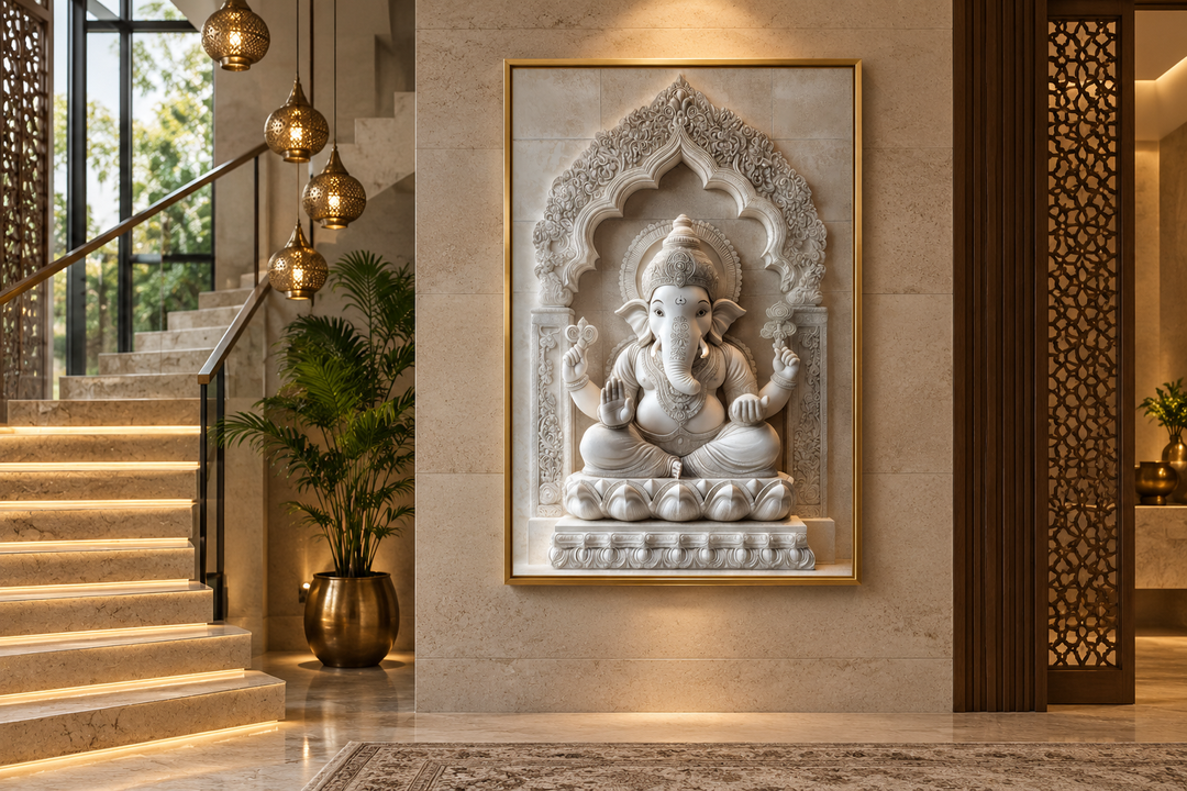 Framed canvas wall art of a white Lord Ganesh sculpture in a neutral-toned interior setting.