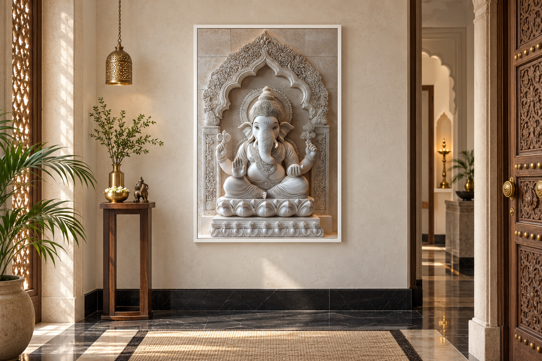 Framed vertical canvas art of a white Lord Ganesh sculpture in a serene, neutral-toned room.