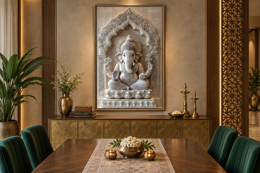 Framed canvas wall art of a white Lord Ganesh sculpture in a neutral-toned, elegant dining room.