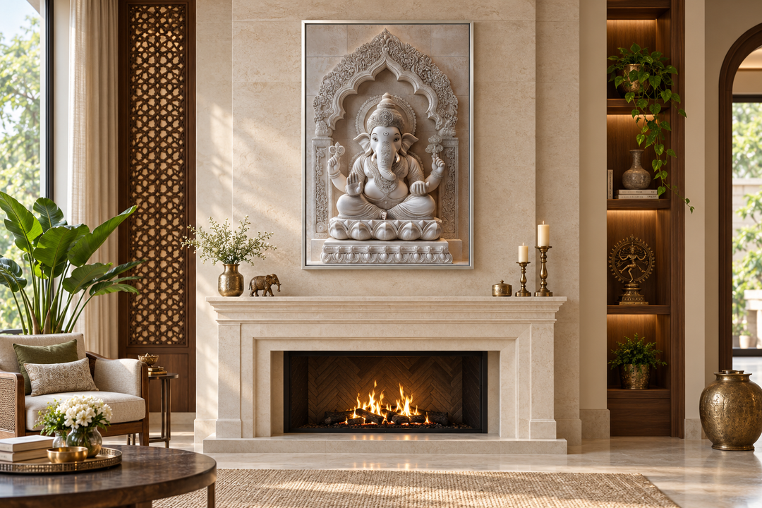 Framed Lord Ganesh sculpture canvas wall art above a fireplace in a neutral-toned living room.