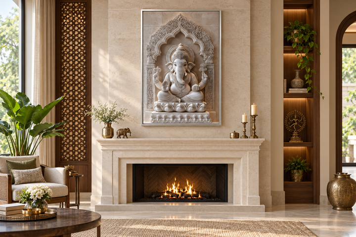 Framed Lord Ganesh sculpture canvas wall art above a fireplace in a neutral-toned living room.