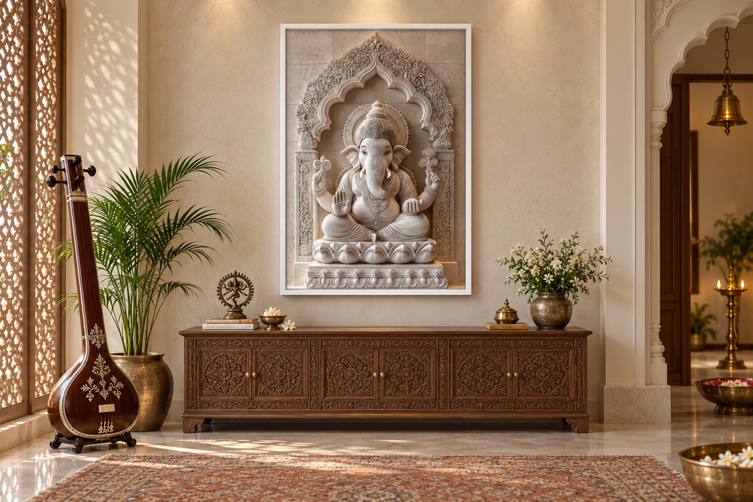 Framed canvas wall art of a white Lord Ganesh sculpture in a neutral-toned, elegant room setting.