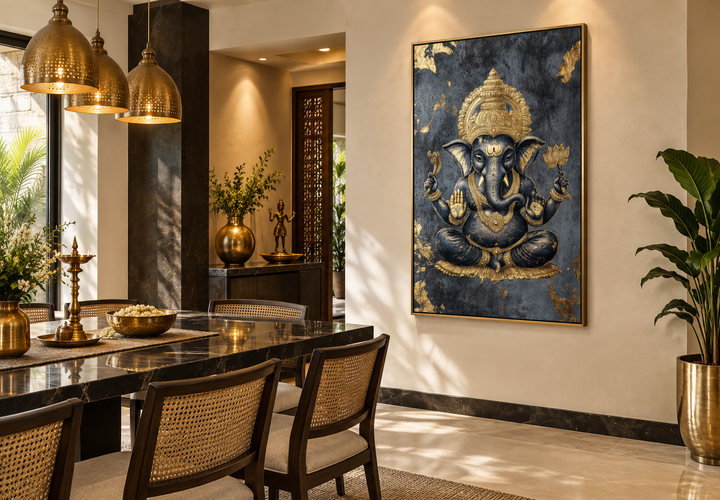 Gold and black Lord Ganesha wall art hanging in a modern dining room with gold accents.
