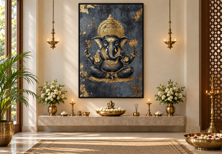 Gold and black Lord Ganesha wall art centered in a serene meditation room with brass lamps.