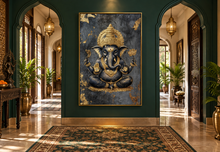 Gold and black Lord Ganesha wall art centered in a green arched hallway with traditional decor.
