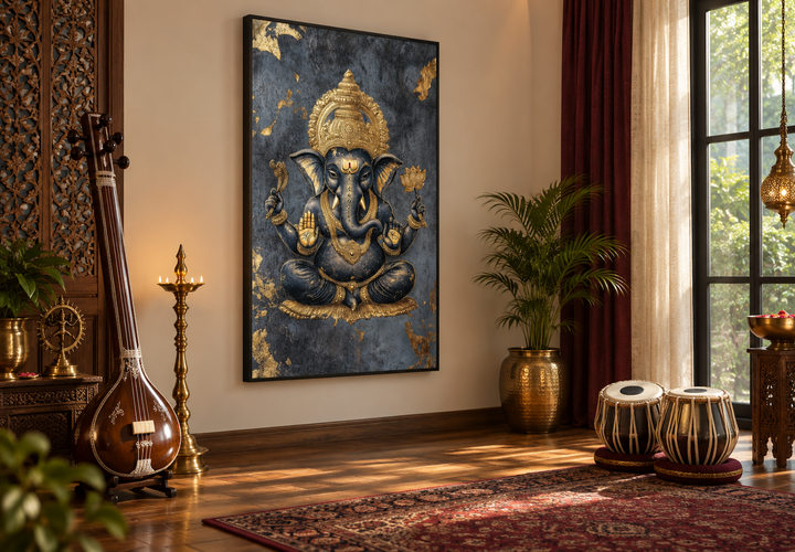 Gold and black Lord Ganesha canvas wall art in a serene room with traditional Indian instruments.