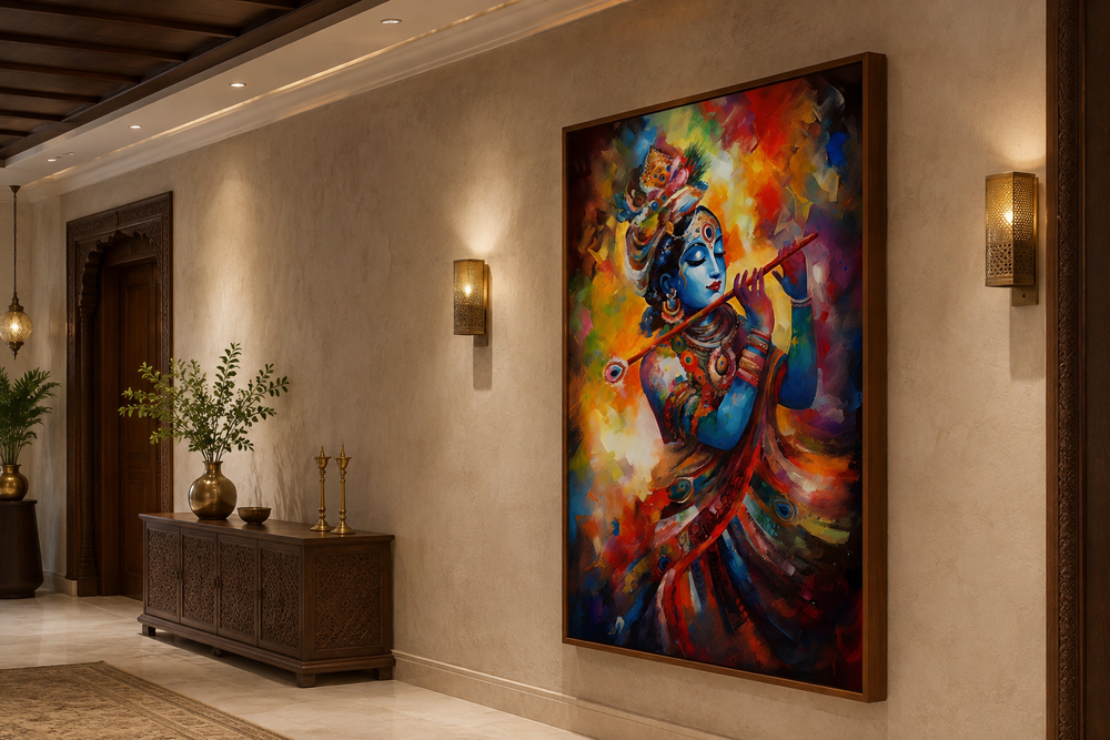 Lord Krishna playing flute colorful framed canvas wall art in a decorated hallway.