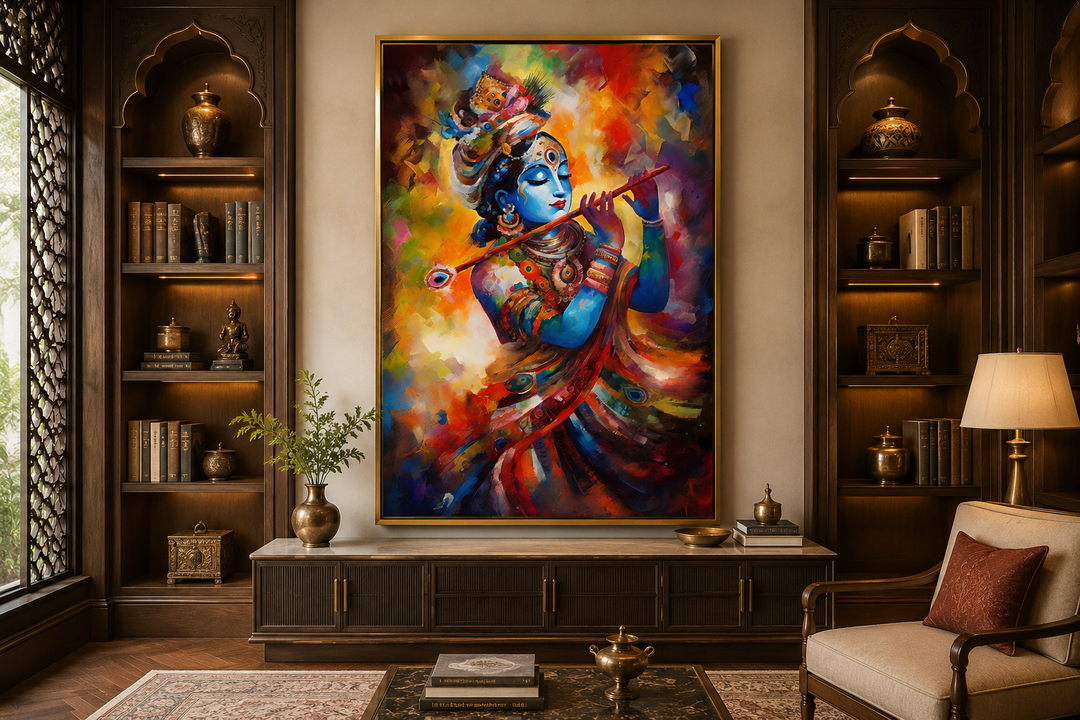Colorful Lord Krishna playing flute painting in a gold frame on a wall above a wooden console.