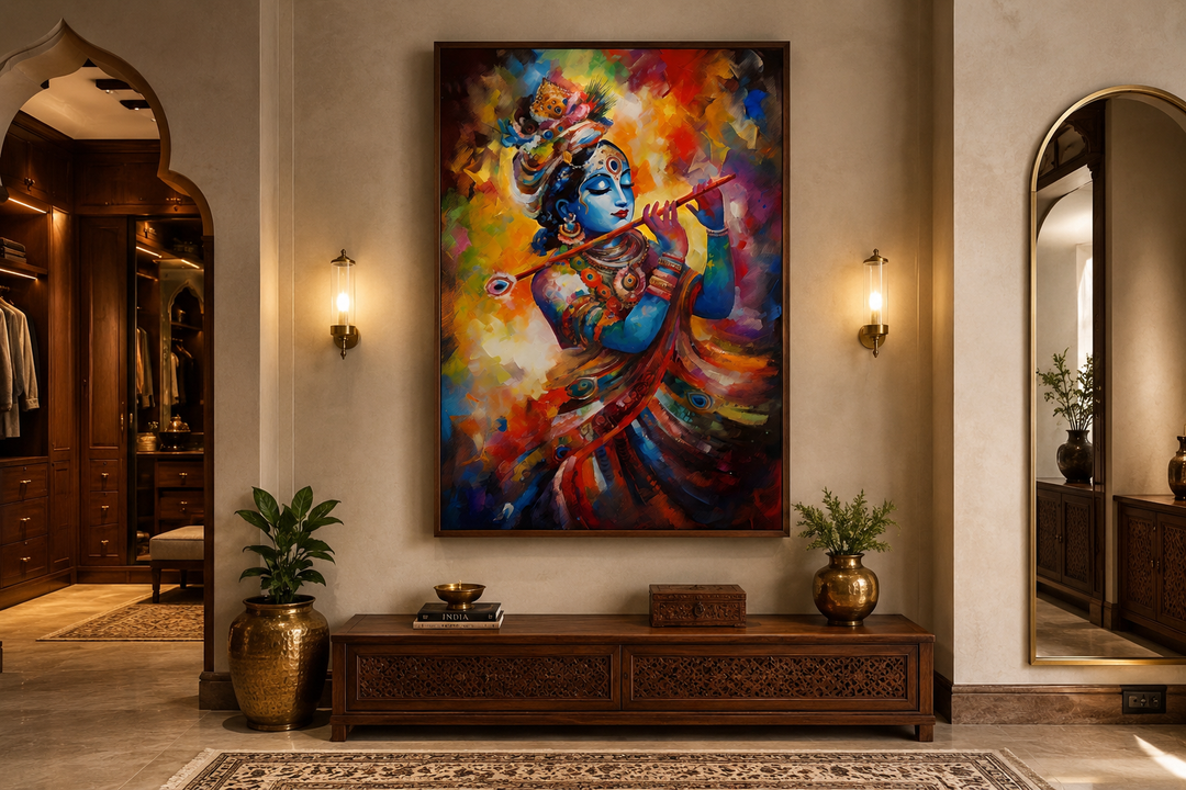 Colorful framed canvas painting of Lord Krishna playing the flute on a neutral wall.