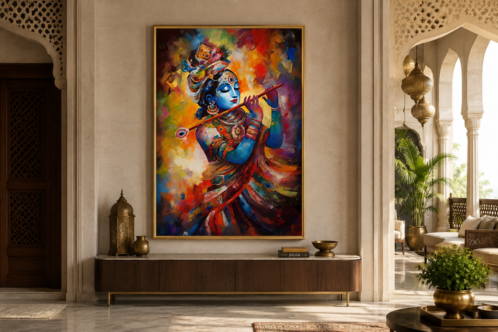 Colorful framed canvas painting of Lord Krishna playing a flute in a modern Indian living room.