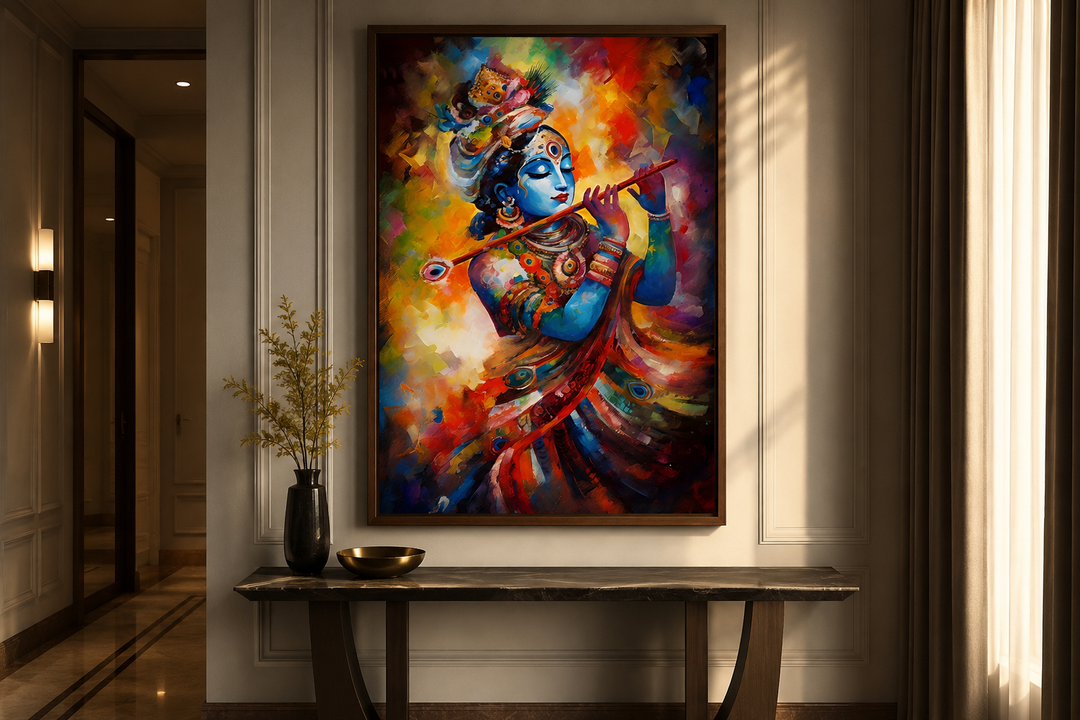 Framed colorful canvas painting of Lord Krishna playing the flute on a wall above a console table.