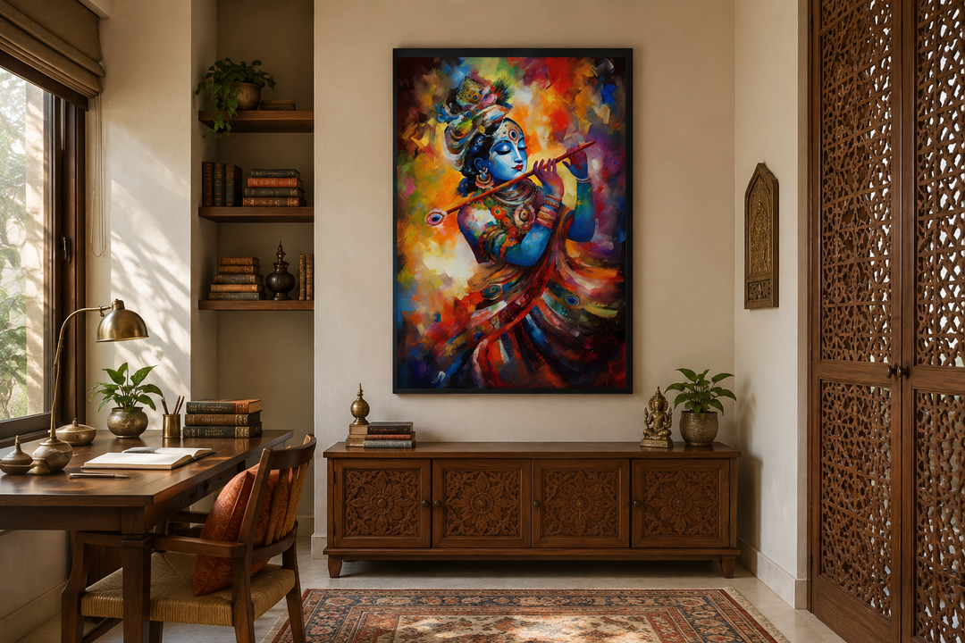 Colorful Lord Krishna playing flute framed canvas wall art in a traditional Indian home office.
