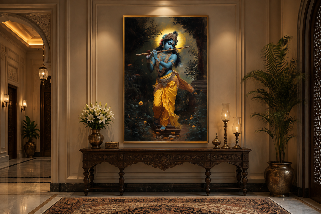 Lord Krishna playing flute in a forest, framed canvas wall art above a wooden console table.