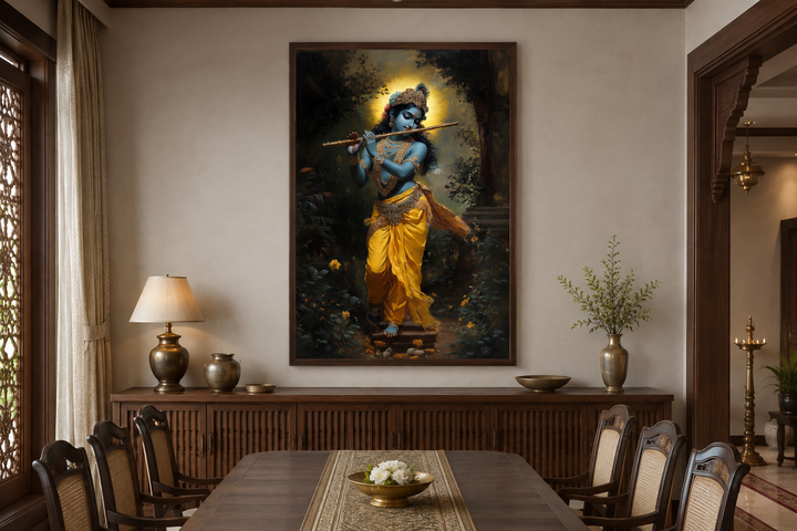 Lord Krishna playing flute in Vrindavan forest framed canvas wall art in a traditional dining room.