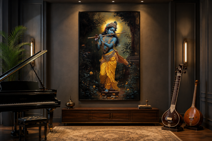 Framed canvas wall art of Lord Krishna playing a flute in a forest, displayed in a music room.