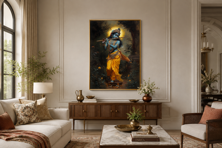 Lord Krishna playing flute in a forest, framed canvas wall art above a wooden console in a room.