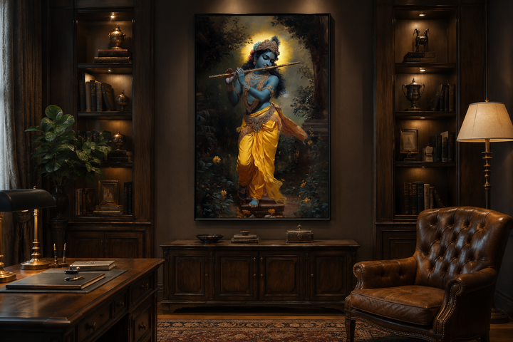 Lord Krishna playing a flute in a forest, framed canvas wall art in a dark wood study.