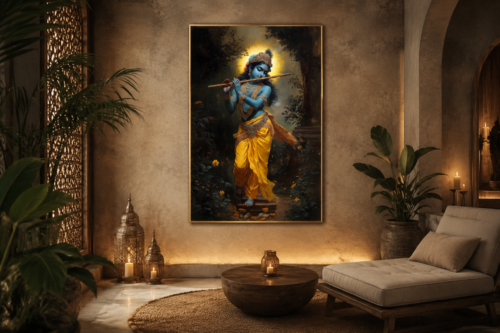 Lord Krishna playing flute in a forest, framed canvas wall art in a warm, candlelit room.