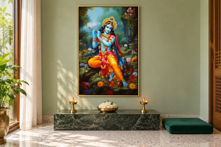 Framed canvas wall art of Lord Krishna playing a flute in a lush forest, hung in a modern room.
