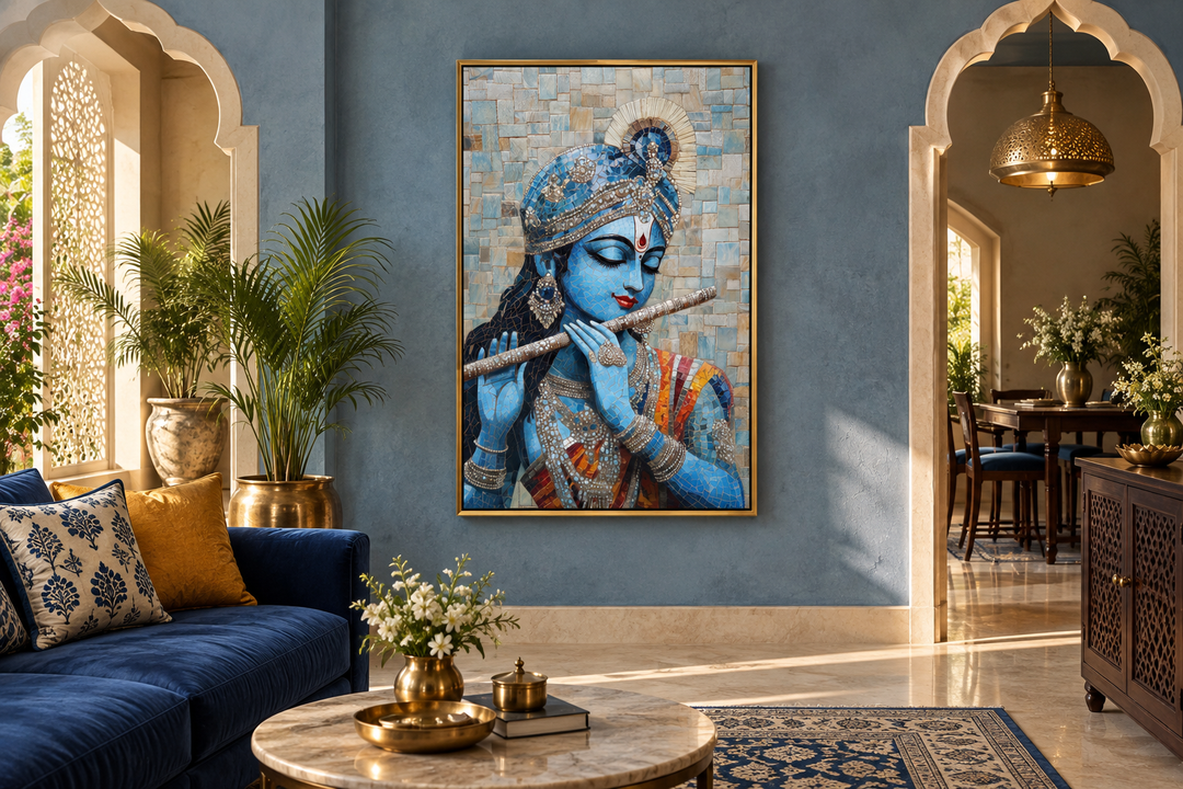 Lord Krishna mosaic painting canvas wall art showing the deity playing a flute in a blue room.