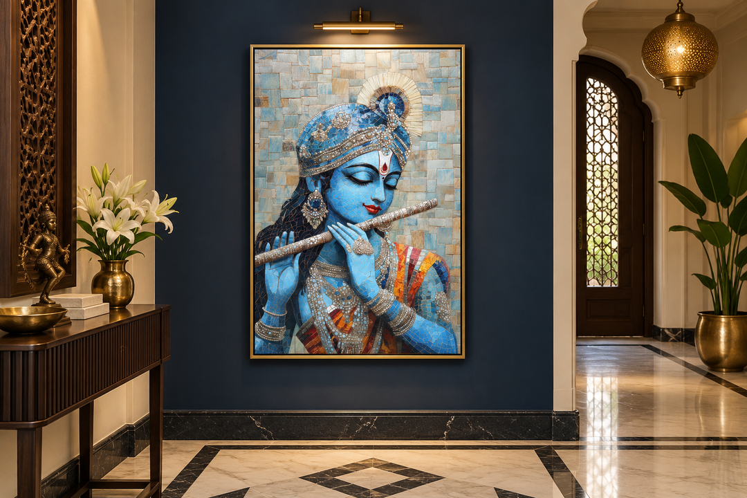 Lord Krishna mosaic painting canvas wall art of the deity playing a flute on a dark blue wall.