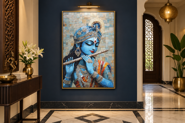 Lord Krishna mosaic painting canvas wall art of the deity playing a flute on a dark blue wall.