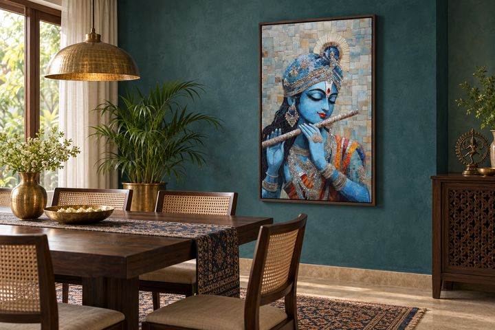 Lord Krishna mosaic canvas wall art of the deity playing a flute in a modern dining room.