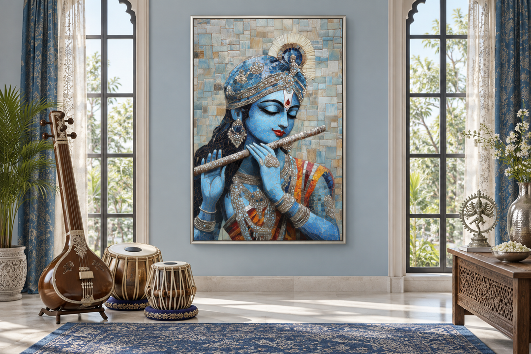 Lord Krishna playing flute mosaic-style canvas wall art in a serene room with Indian instruments.