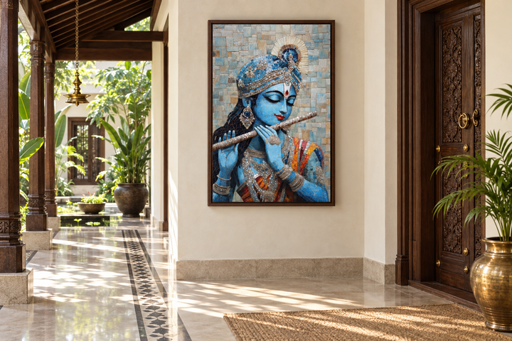 Lord Krishna playing flute mosaic canvas wall art in a wooden frame on a neutral hallway wall.
