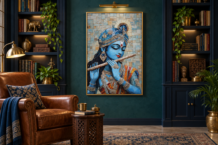Lord Krishna mosaic painting canvas wall art depicting the deity playing a flute in a blue palette.