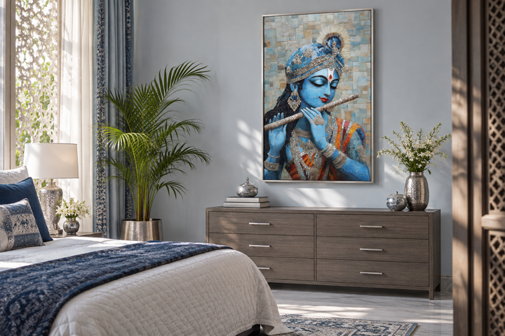 Lord Krishna mosaic painting canvas wall art above a dresser in a serene bedroom.