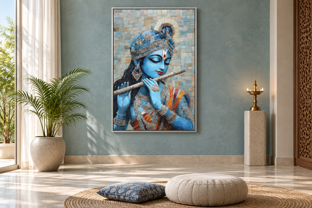 Lord Krishna mosaic painting canvas wall art showing Krishna playing a flute in a serene room.