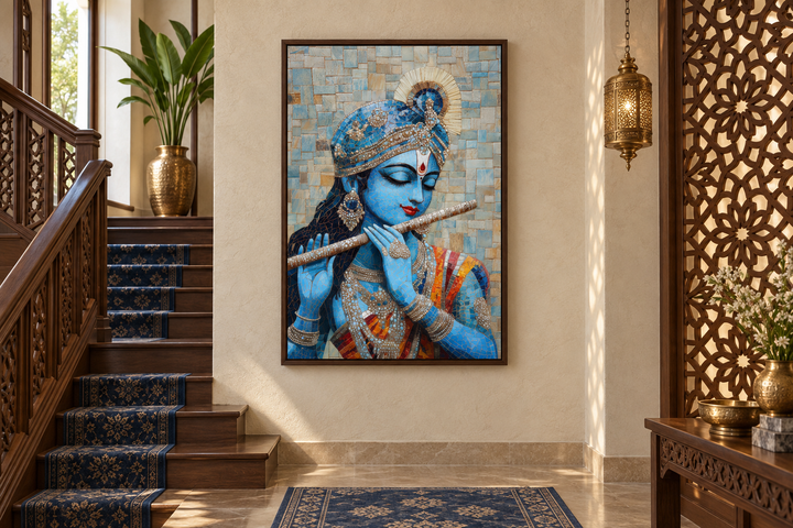 Lord Krishna playing flute mosaic painting canvas wall art in a framed vertical orientation.