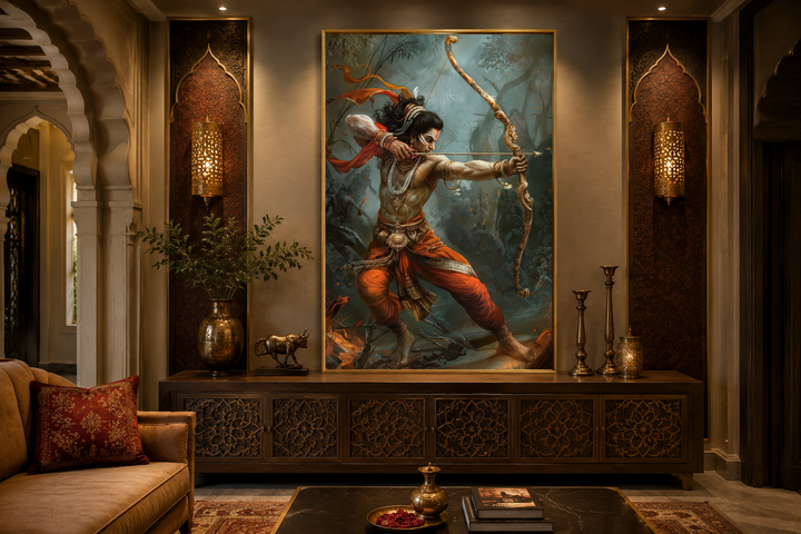 Lord Rama fighting demons with a bow and arrow on a framed canvas wall art in a living room.