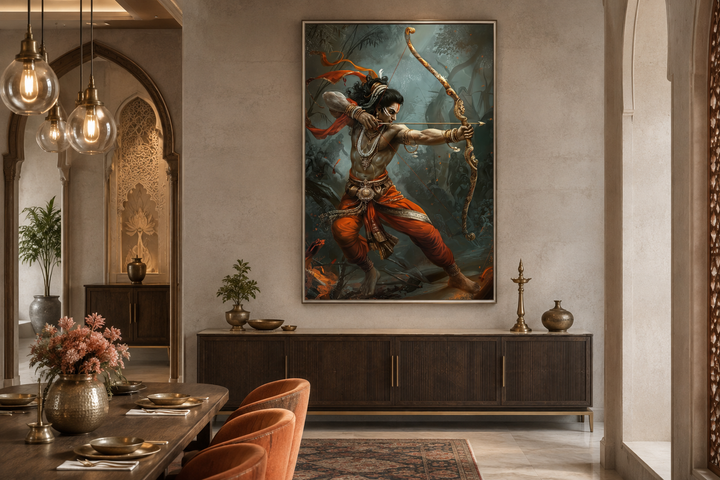 Lord Rama fighting demons with bow and arrow framed canvas wall art in a modern dining room.