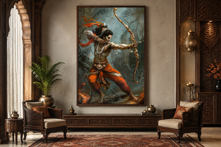 Lord Rama fighting demons with bow and arrow framed canvas wall art in a traditional living room.