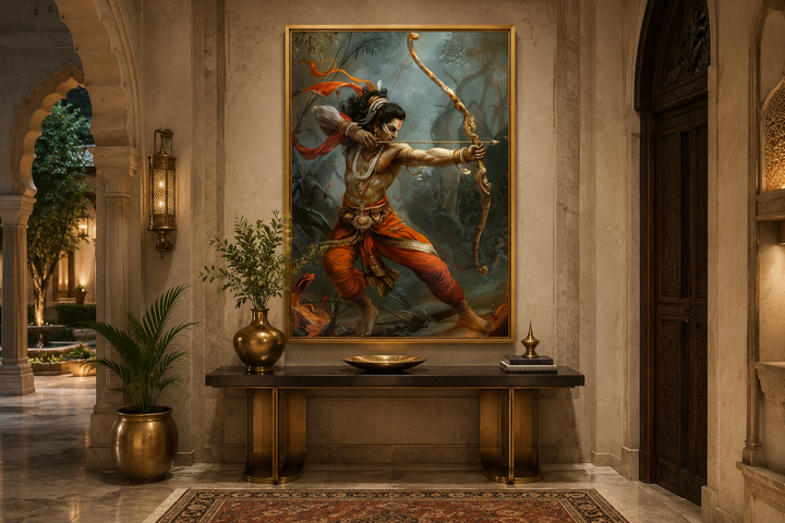 Lord Rama fighting demons with bow and arrow on a framed canvas above a console table.