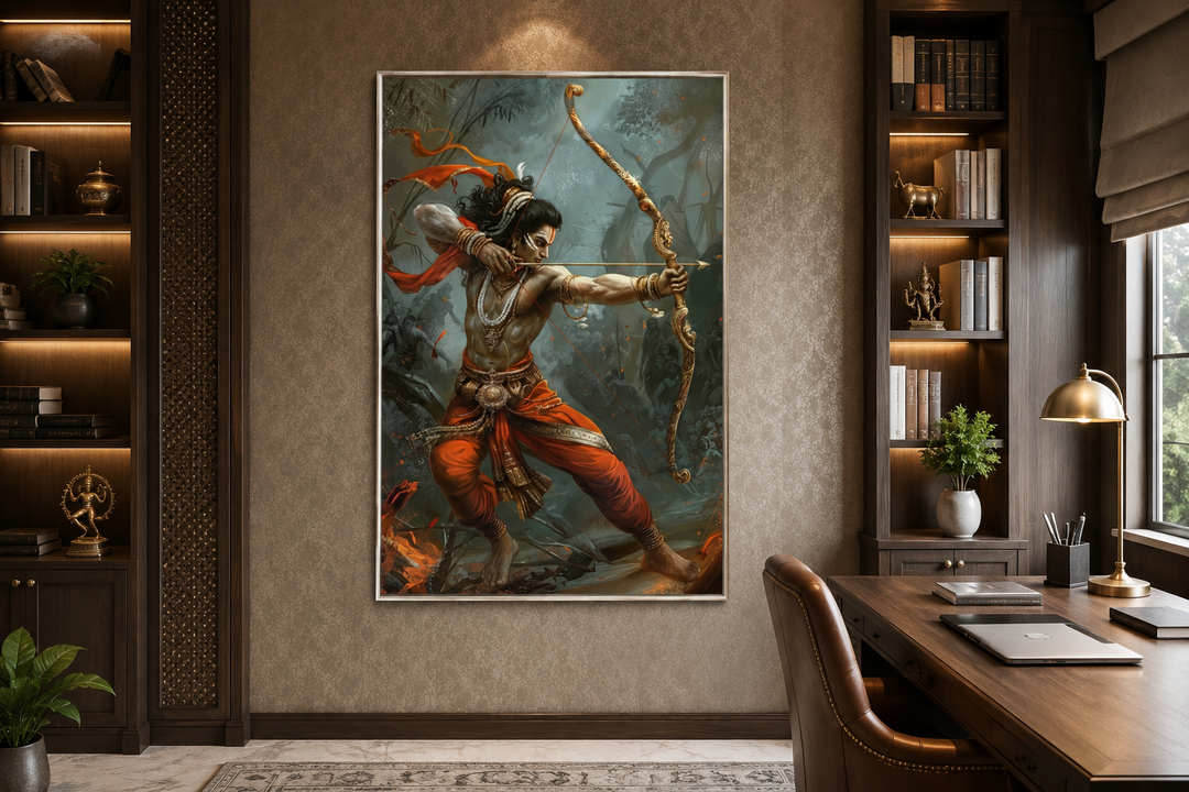 Lord Rama fighting demons with bow and arrow framed canvas wall art in a home office setting.