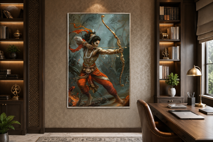 Lord Rama fighting demons with bow and arrow framed canvas wall art in a home office setting.