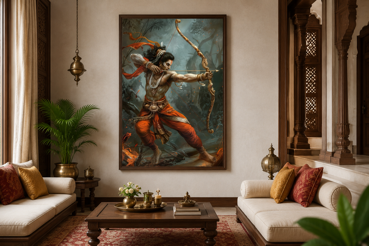 Lord Rama fighting demons with bow and arrow framed canvas wall art in a traditional living room.