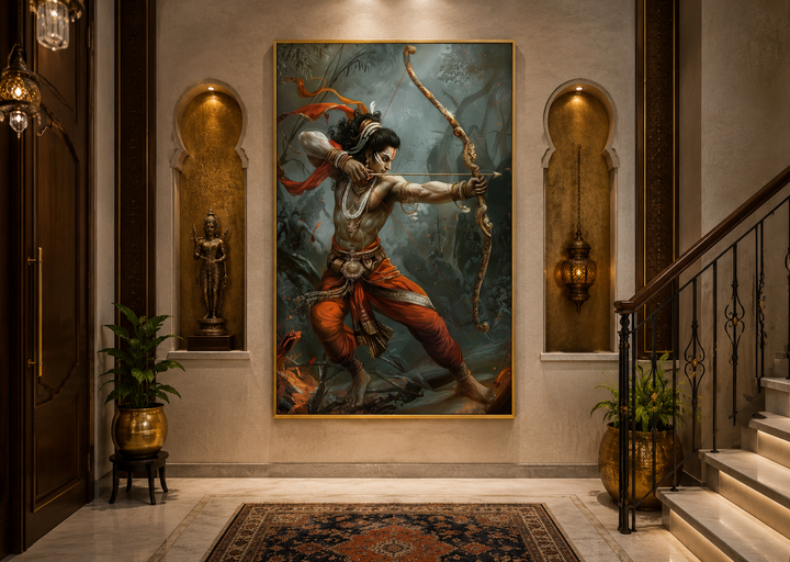 Lord Rama fighting demons with bow and arrow framed canvas wall art in a traditional home interior.