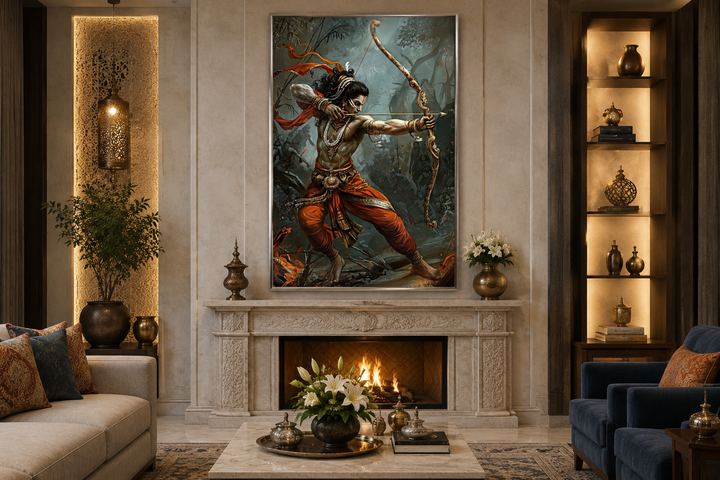 Lord Rama fighting demons with bow and arrow framed canvas wall art above a fireplace.