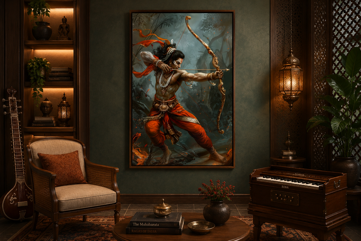 Lord Rama fighting demons with bow and arrow framed canvas wall art in a traditional living room.